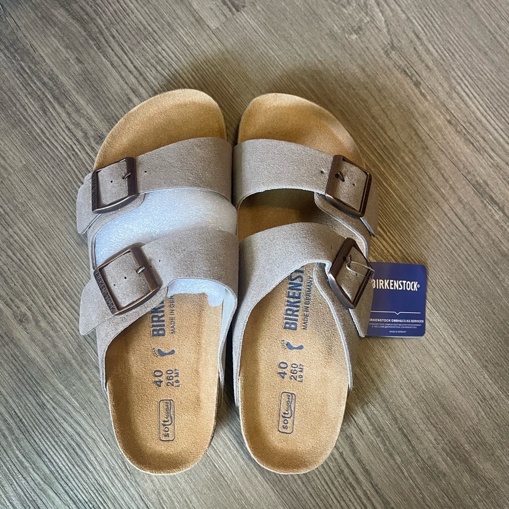Birkenstock Arizona Suede Two-Strap Sandals in Light Gray